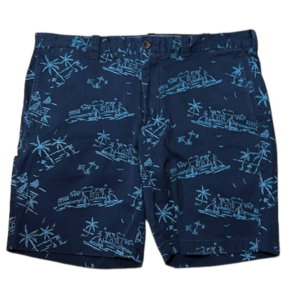 J Crew Chino Shorts 36 Navy Blue Island & Sailboat Print 9" Inseam Stretch